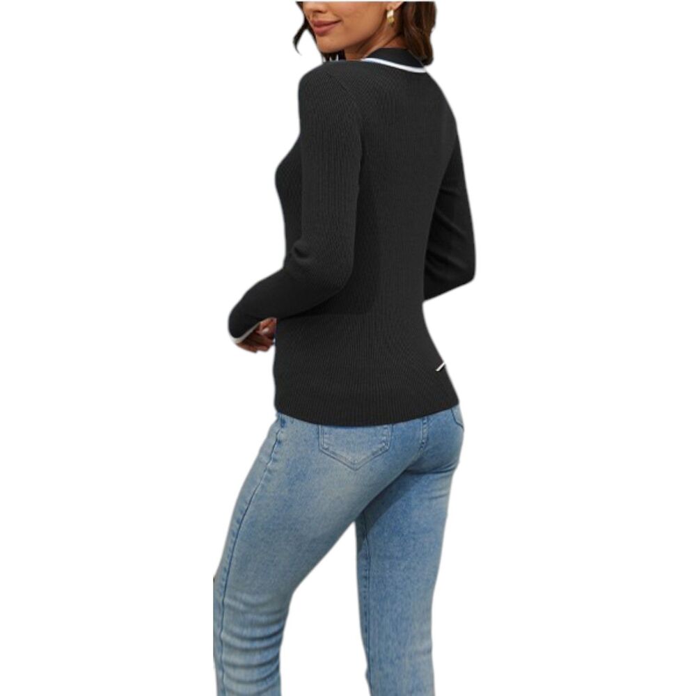 Nenoná Black Ribbed Knit Polo Collar Long Sleeve Sweater Women Top Size S - Picture 2 of 8